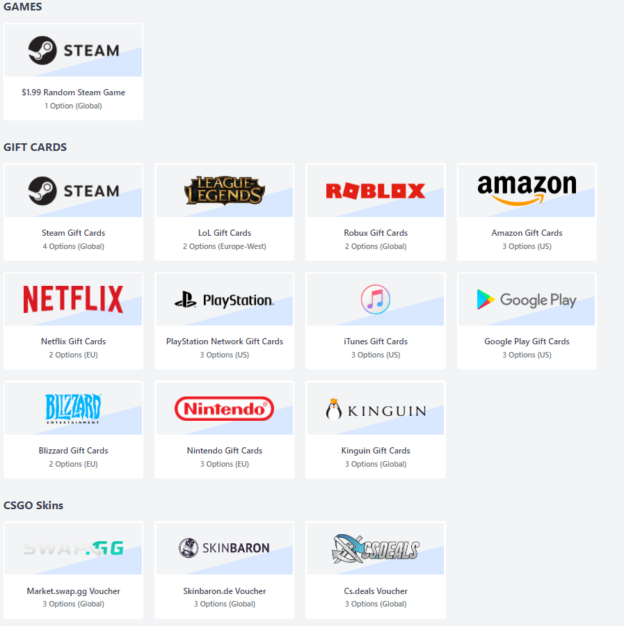 Withdraw CSGO Skins, Steam Keys, Gift Cards and more for free!