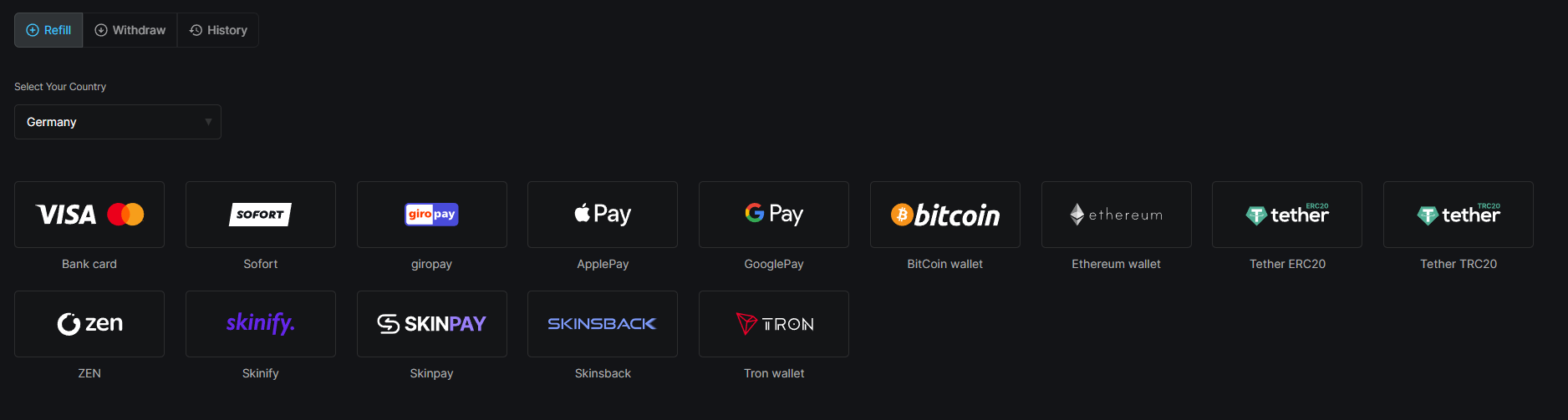 Deposit options on Market.CSGO